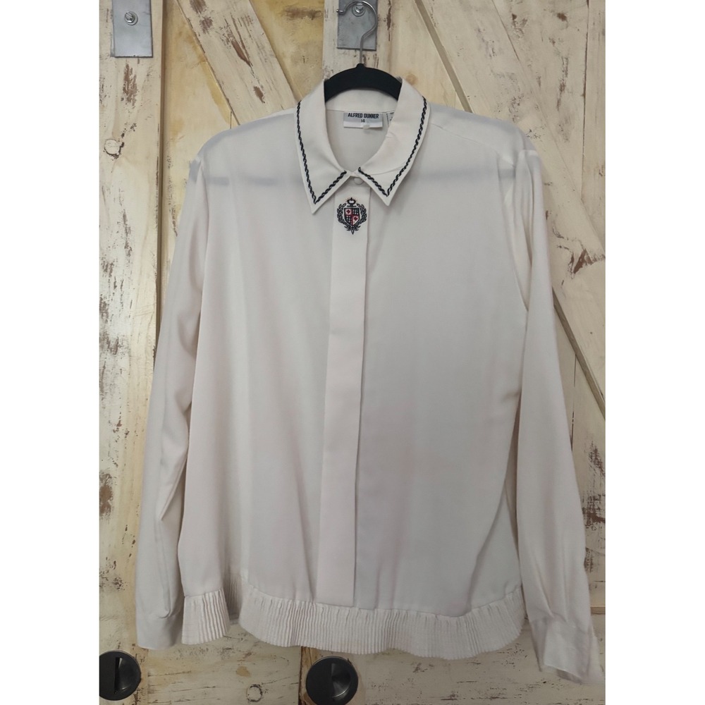 Alfred Dunner Ivory White Blouse Long Sleeves Elastic Waist Smocked Hem 14